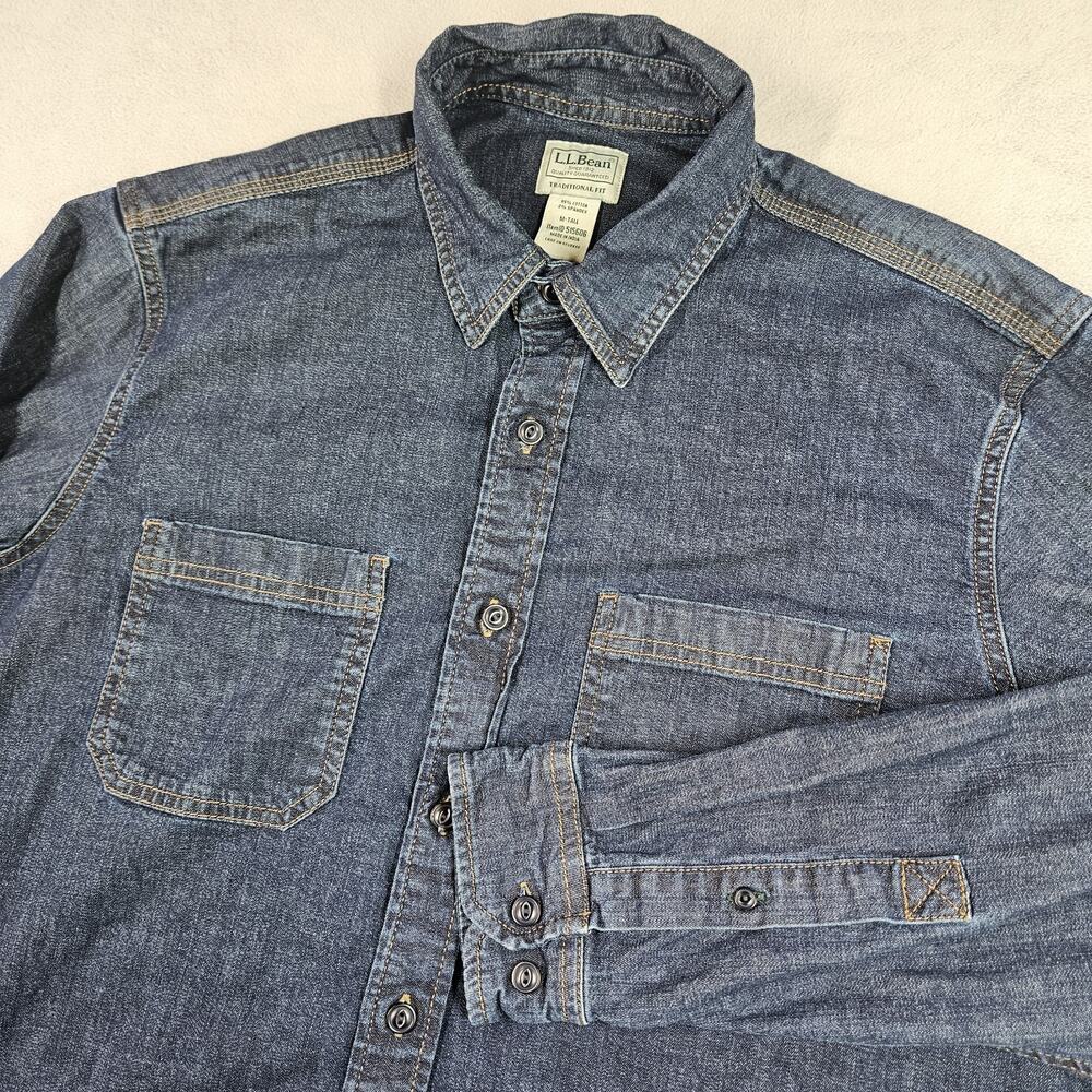 LL Bean Denim Shirt Men M-Tall BeanFlex Shirt Traditional Untucked Fit Dark Wash